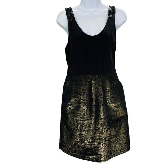 BROADWAY & BROOME Silk Black Gold Sparkle Sleeveless Fit & Flare Mini Dress 2 - Picture 3 of 12